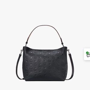 MCM Medium Klara Monogram Leather Hobo Bag Black